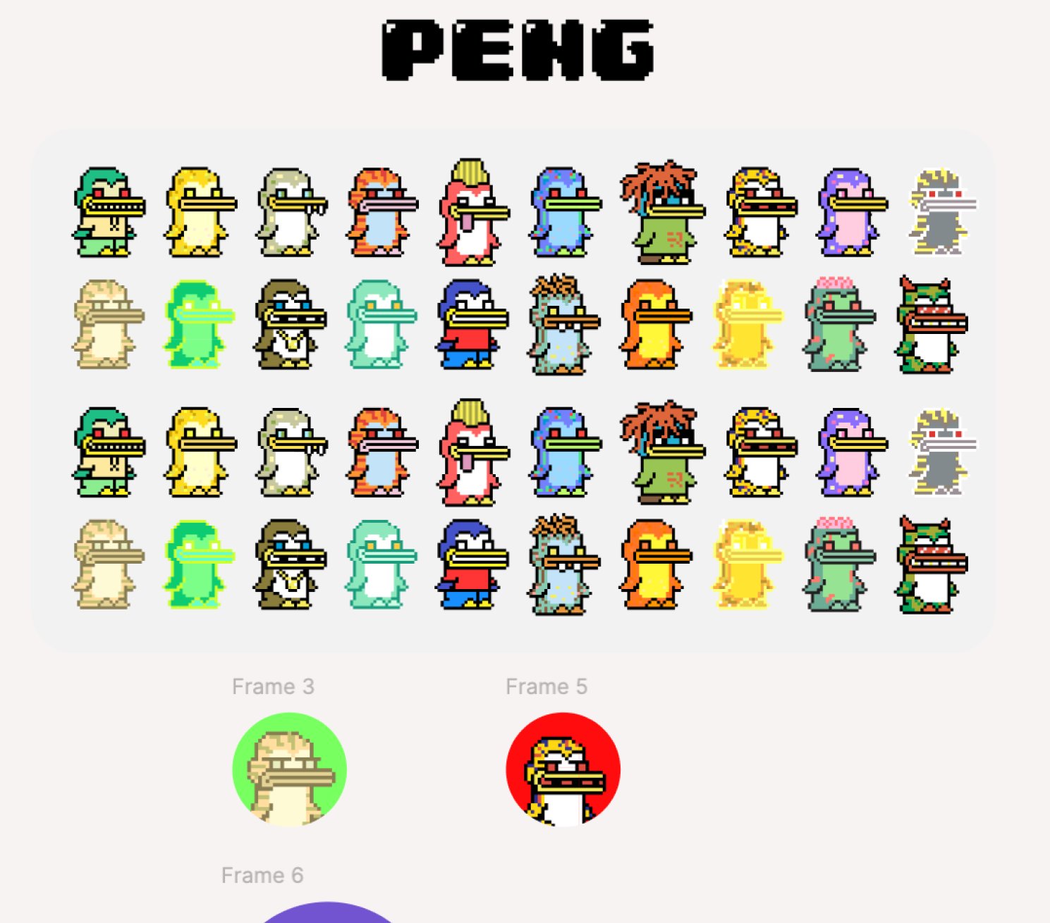 A grid of pixel-art penguin character iterations labeled PENG, with frame variations