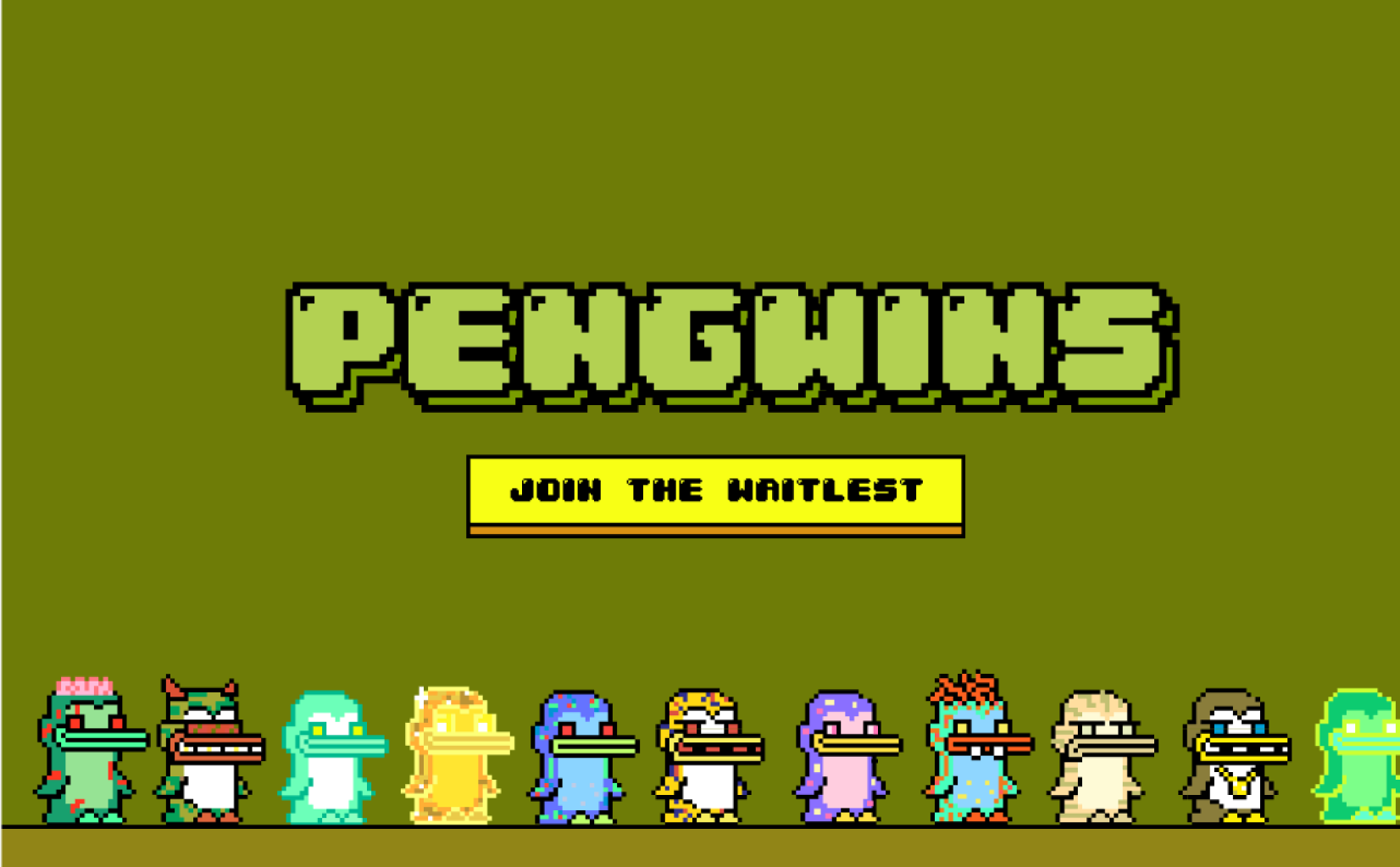 An early branding mockup with the title PENGWINS in chunky pixel type and a Join the Waitlest button