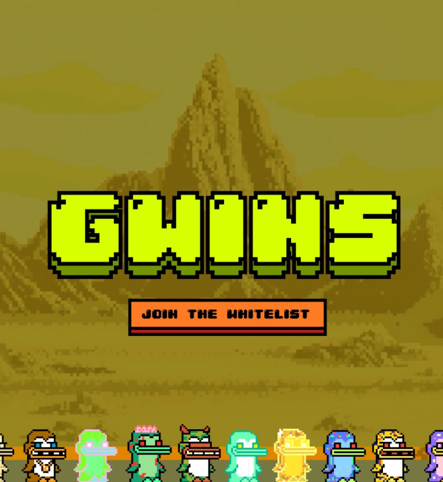 A refined branding mockup with the title GWINS in pixel type over a desert mountain landscape