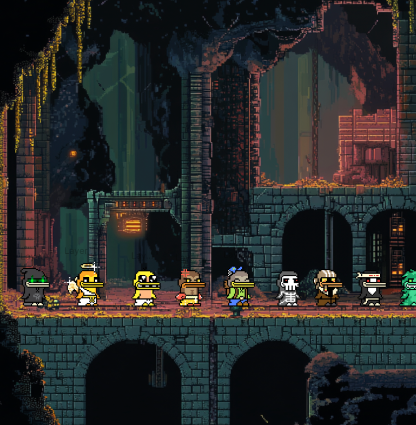 A pixel-art castle dungeon scene with characters