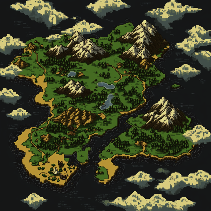 A pixel-art world map of Gwindom with mountains, forests, and rivers