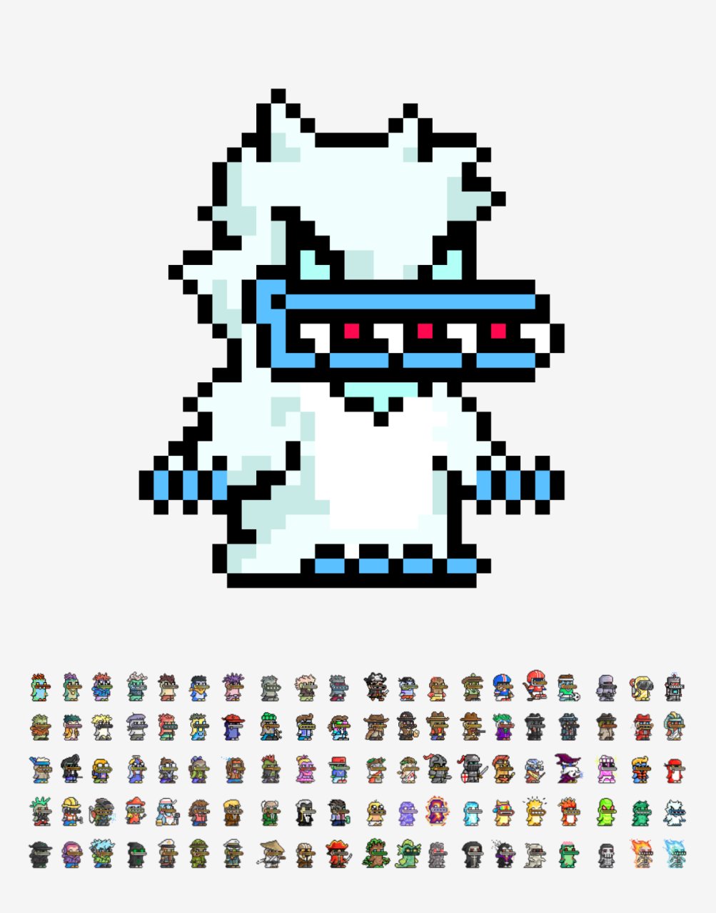 A pixel-art Reaper Gwin poster above a thumbnail grid of all 100 Gwins