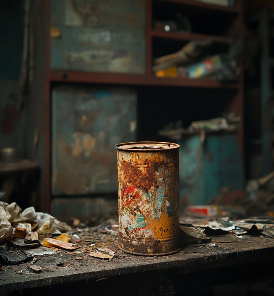 A rusty, paint-flecked tin can sitting on a workbench in a dirty garage