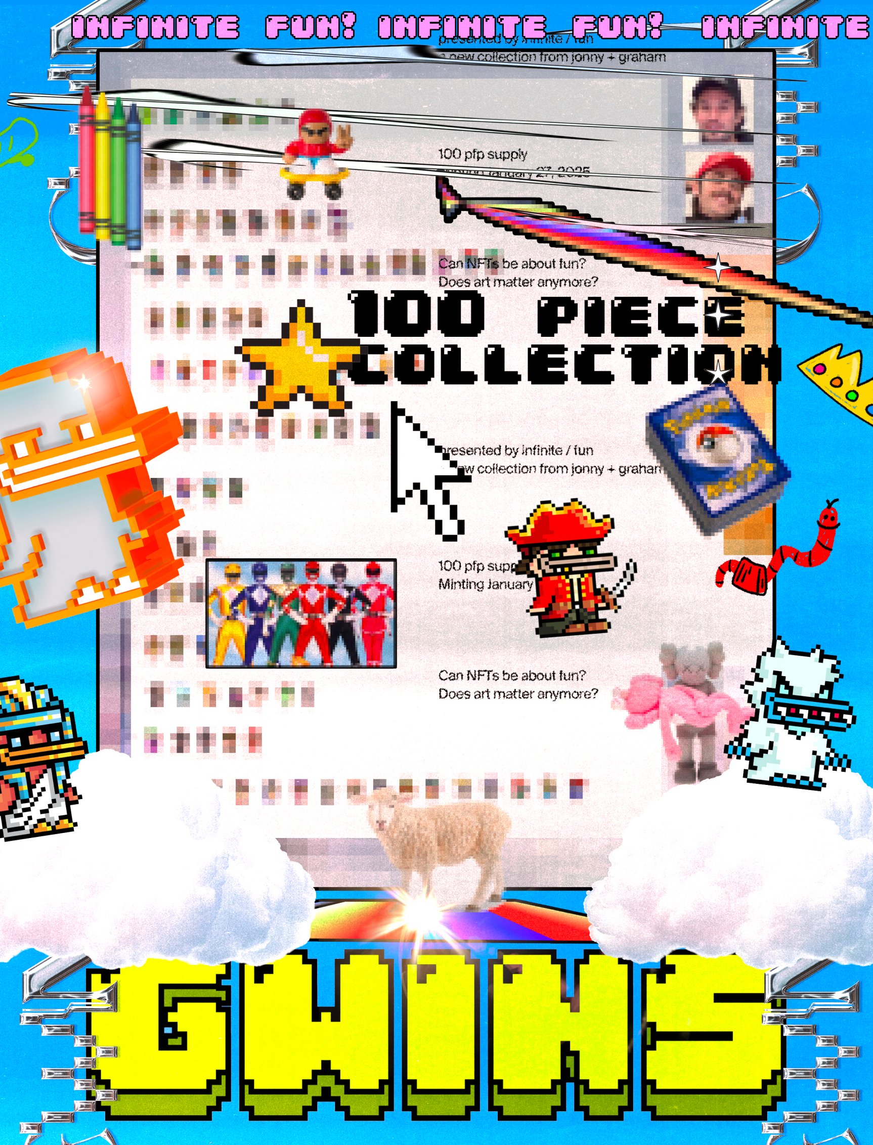 A colorful zine-style collage with the words INFINITE FUN, Power Rangers, an alpaca, pixel-art chickens, and the word GWINS